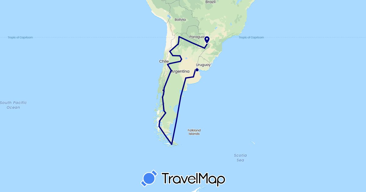 TravelMap itinerary: driving in Argentina, Chile (South America)